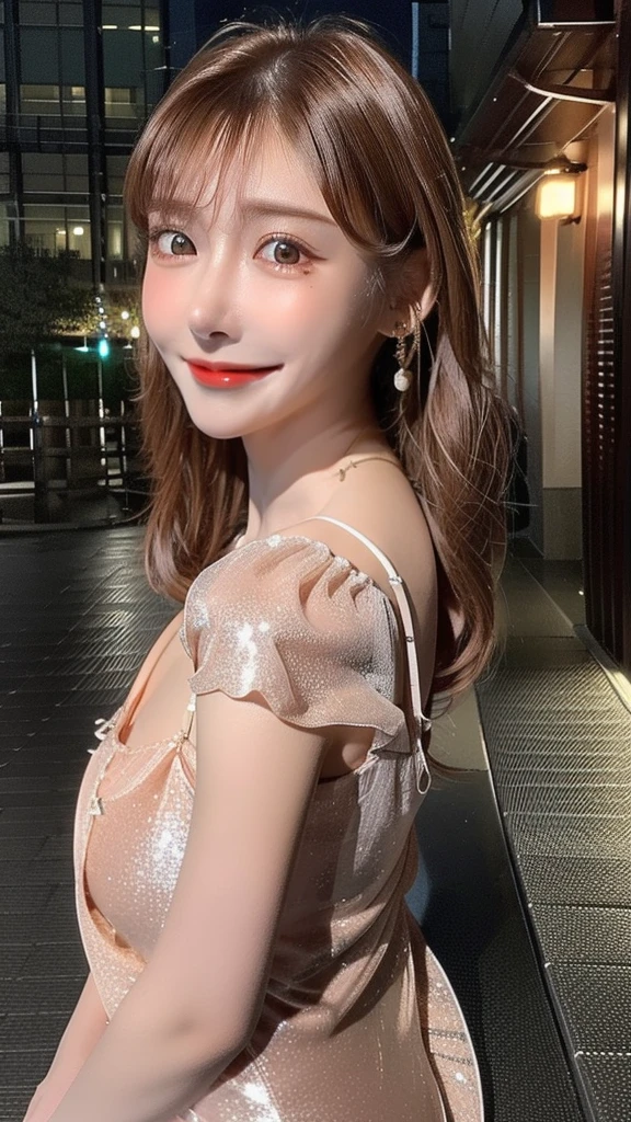 1 japanese girl,(Shiny night dress:1.4),(Bursting huge breasts:1.4)、 (Raw photo, Best Quality), (Realistic, Photorealsitic:1.4), masterpiece, extremely delicate and beautiful, Extremely detailed, 8k wallpaper, amazing, finely detail, extremely detailed CG Unity, hight resolution, Soft light, Beautiful detailed 17 year old girl, extremely detailed eye and face, beautiful detailed nose, Beautiful detailed eyes,Cinematic lighting,city light at night,Perfect Anatomy,Model body,Smiling, (hair messy, asymmetrical bangs, light brown hair,),Cowboy Shot、Gorgeous earrings、Gorgeous necklace、HOURGLASS_body、Model pose:1.5