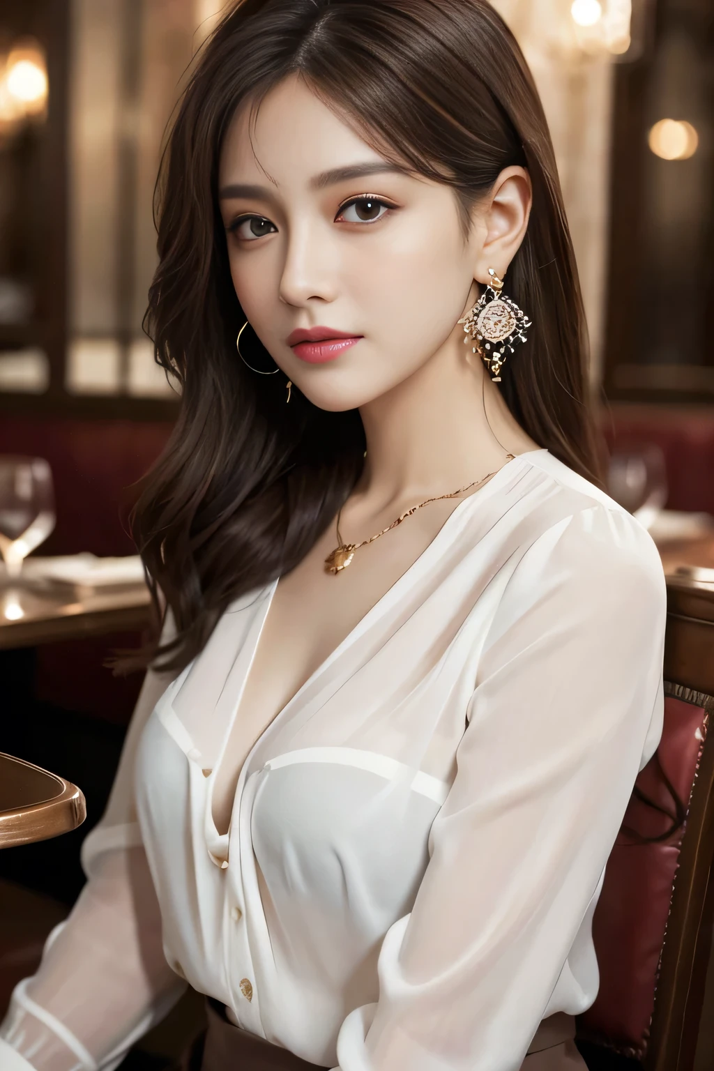 masterpiece, highest quality, Realistic, Very detailed, Finer details, High resolution, 8k wallpaper, One beautiful woman, Wear an elegant see-through blouse, In a great restaurant, At night, Light brown messy hair, Perfect dynamic composition, Beautiful and beautiful eyes、Big earrings