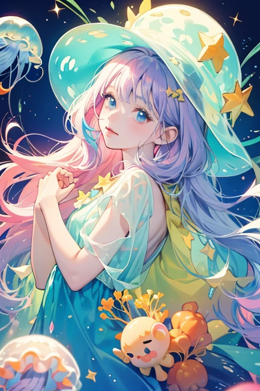 Jellytchi is a white GIRL jellyfish with blue, pink, and green spots on hER face. SHe has blue eyes and yellow cheeks. SHe wears a purple cap with three small yellow-orange stars on the front, one large orange star on the left side, and seaweed on the right side. HER jelly-like skin is transparent, SPARKLE; GLITTER