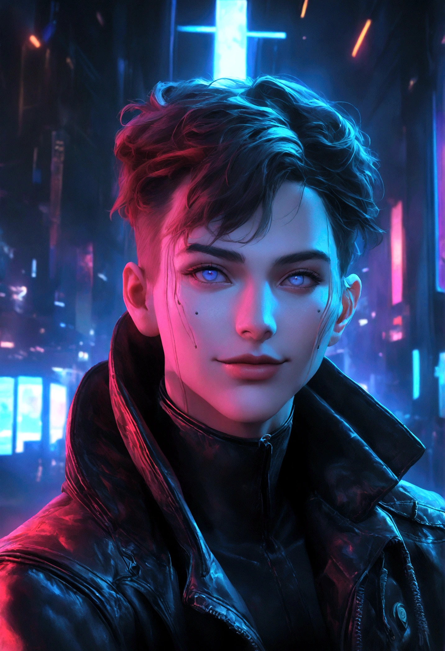 Image of man in leather jacket looking at camera, Portrait of cyberpunk young man, hyper-realistic Cyberpunk style, Anton Fadeev 8K, Cyberpunk style ， Surrealism, Inspired by Adrian Zingg, cyberpunk portrait, Cyberpunk buddy, Cyberpunk Hero, Soft portrait shots 8 k, 赛博朋克艺术Surrealism 8k, Cyberpunk Lute, in Cyberpunk style，A unique leather jacket，Smiling