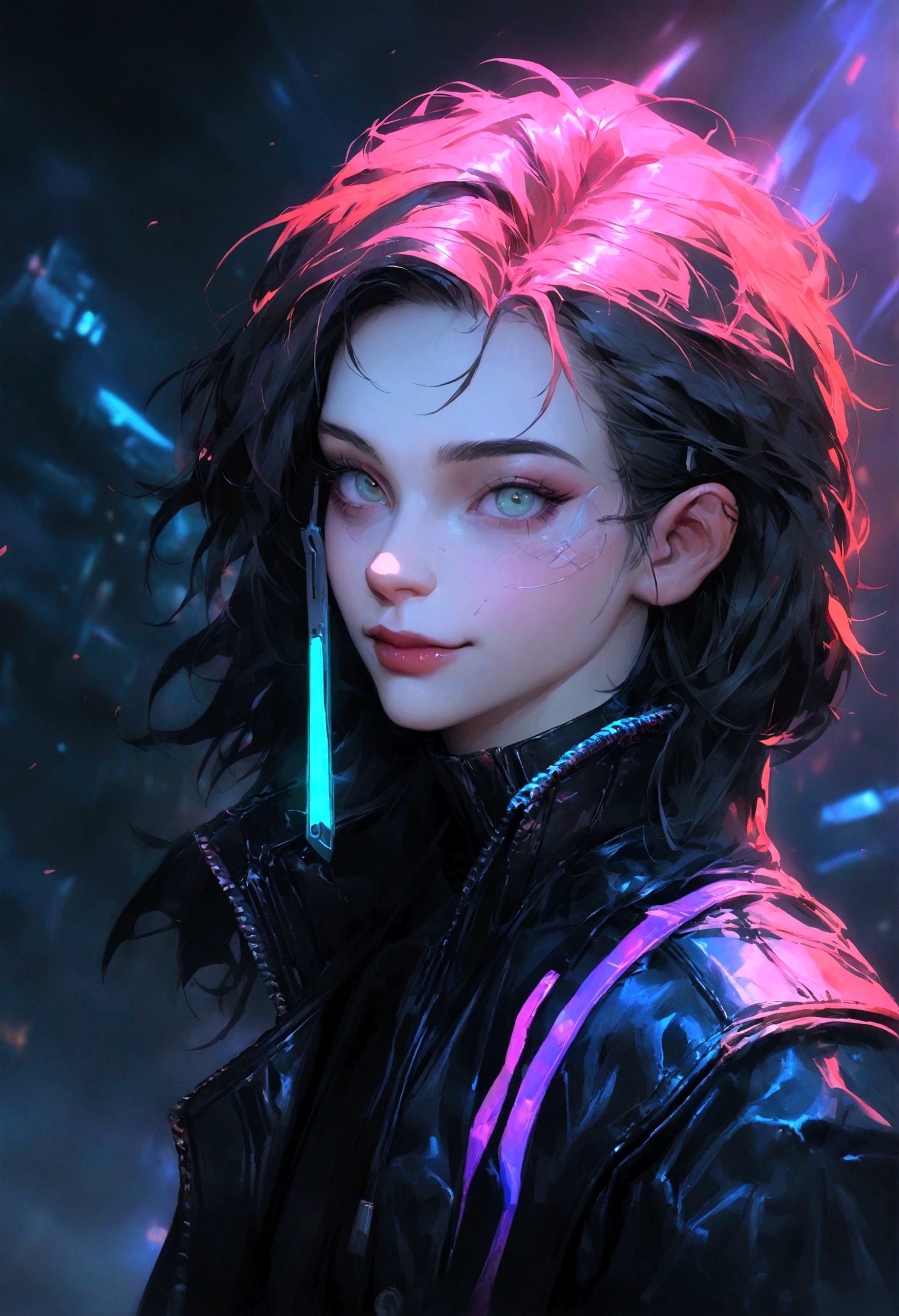 Image of man in leather jacket looking at camera, Portrait of cyberpunk young man, hyper-realistic Cyberpunk style, Anton Fadeev 8K, Cyberpunk style , Surrealism, Inspired by Adrian Zingg, cyberpunk portrait, Cyberpunk buddy, Cyberpunk Hero, Soft portrait shots 8 k, 赛博朋克艺术Surrealism 8k, Cyberpunk Lute, in Cyberpunk style,A unique leather jacket,Smiling