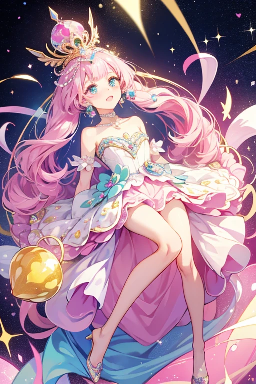 Jewelboxtchi resembles a yellow jewel box with a face, arms, legs, and a white pearl on top of its lid. The fron the lid is decorated with blue stars, pink hearts, and white pearls across the lip. Inside Jewelboxtchi's body are pink and blue gemstones. SPARKLE; GLITTER