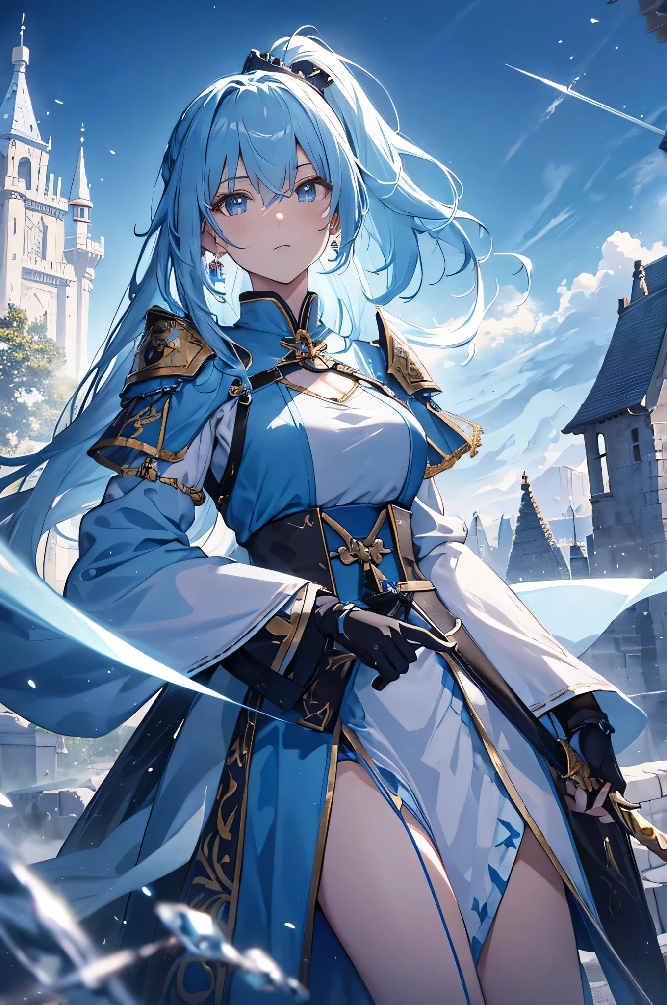 4k,High resolution,One Woman,Light blue hair,Long Ponytail,knight,Crystal Armor,knight&#39;s shoes,Jewelry decoration,Long sword,Medieval castle town