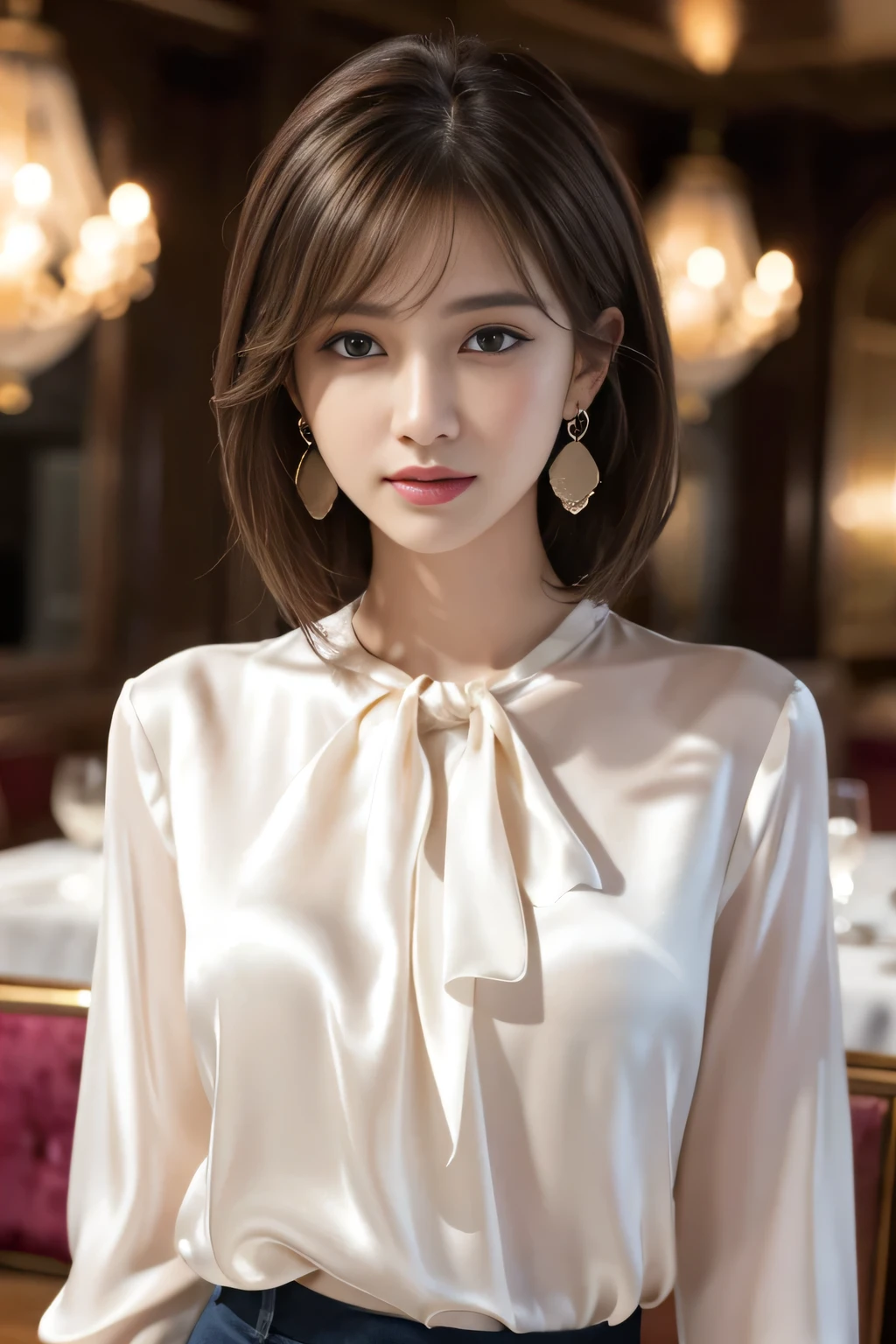 masterpiece, highest quality, Realistic, Very detailed, Finer details, High resolution, 8k wallpaper, One beautiful woman, Wear an elegant silk blouse in random colors, In a great restaurant, At night, Light brown shaggy haircut, Perfect dynamic composition, Beautiful and beautiful eyes、Big earrings