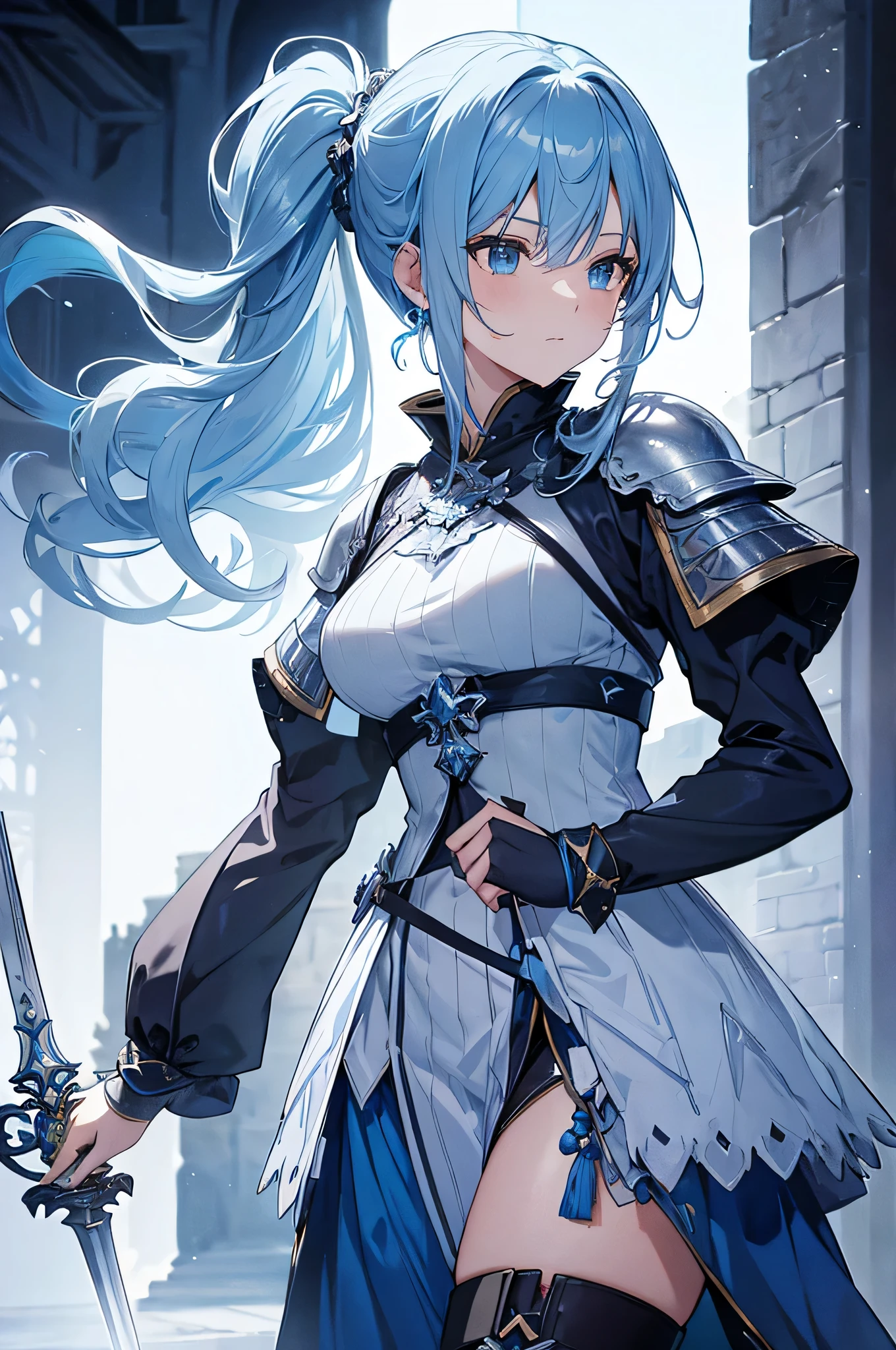 A blue and yellow-haired girl wears viking helmet wields the Heavy Thrusting Swords from within the Elden Ring in a reverse grip.