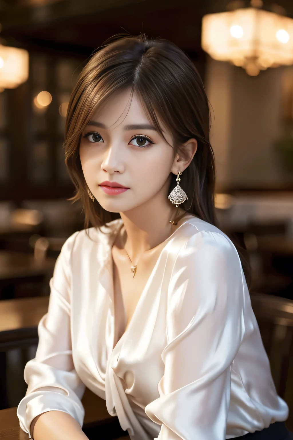 masterpiece, highest quality, Realistic, Very detailed, Finer details, High resolution, 8k wallpaper, One beautiful woman, Wear an elegant silk blouse in random colors, In a great restaurant, At night, Light brown shaggy haircut, Perfect dynamic composition, Beautiful and beautiful eyes、Big earrings
