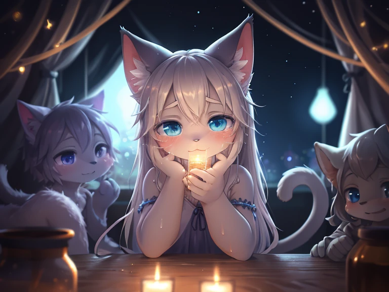 Hallucination, daydream , Bokeh , A cat getting drunk after sniffing silver vine , night dress , romance , Staring at viewer with moist eyes , Slimy