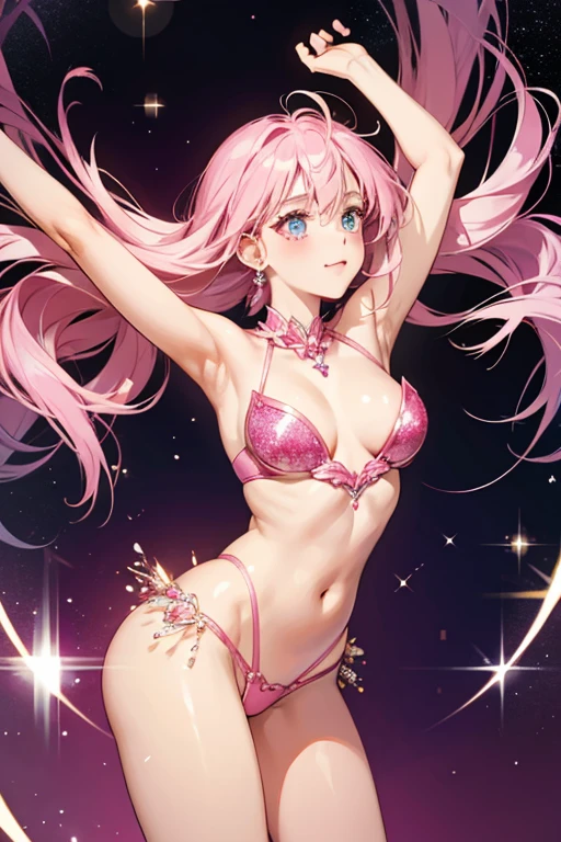 SHE resembles a pink heart-shaped jewel, with arms, legs, and a face. SPARKLE; GLITTER