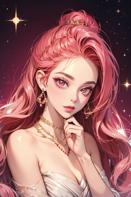 Jeweltchi resembles a red GIRL diamond ring, having eyelashes, a gold necklace and pink lips. SHE have two sparkle. SPARKLE; GLITTER