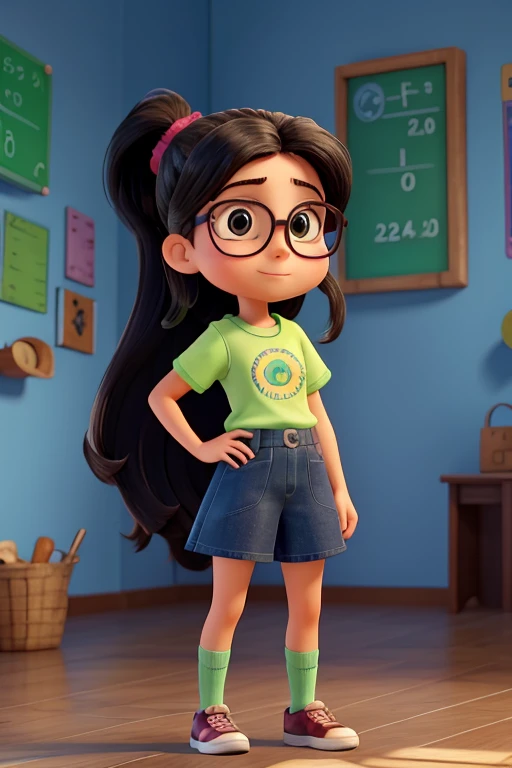 Maria is an 11-year-old girl with an intelligent and curious appearance.. She has straight black hair tied into a high ponytail and wears round glasses that enhance her attentive expression.. She is dressed in a vibrant green t-shirt adorned with mathematical equation patterns., a blue denim skirt and comfortable shoes. Ela segura uma mochila nas costas e tem uma calculadora presa ao cinto.