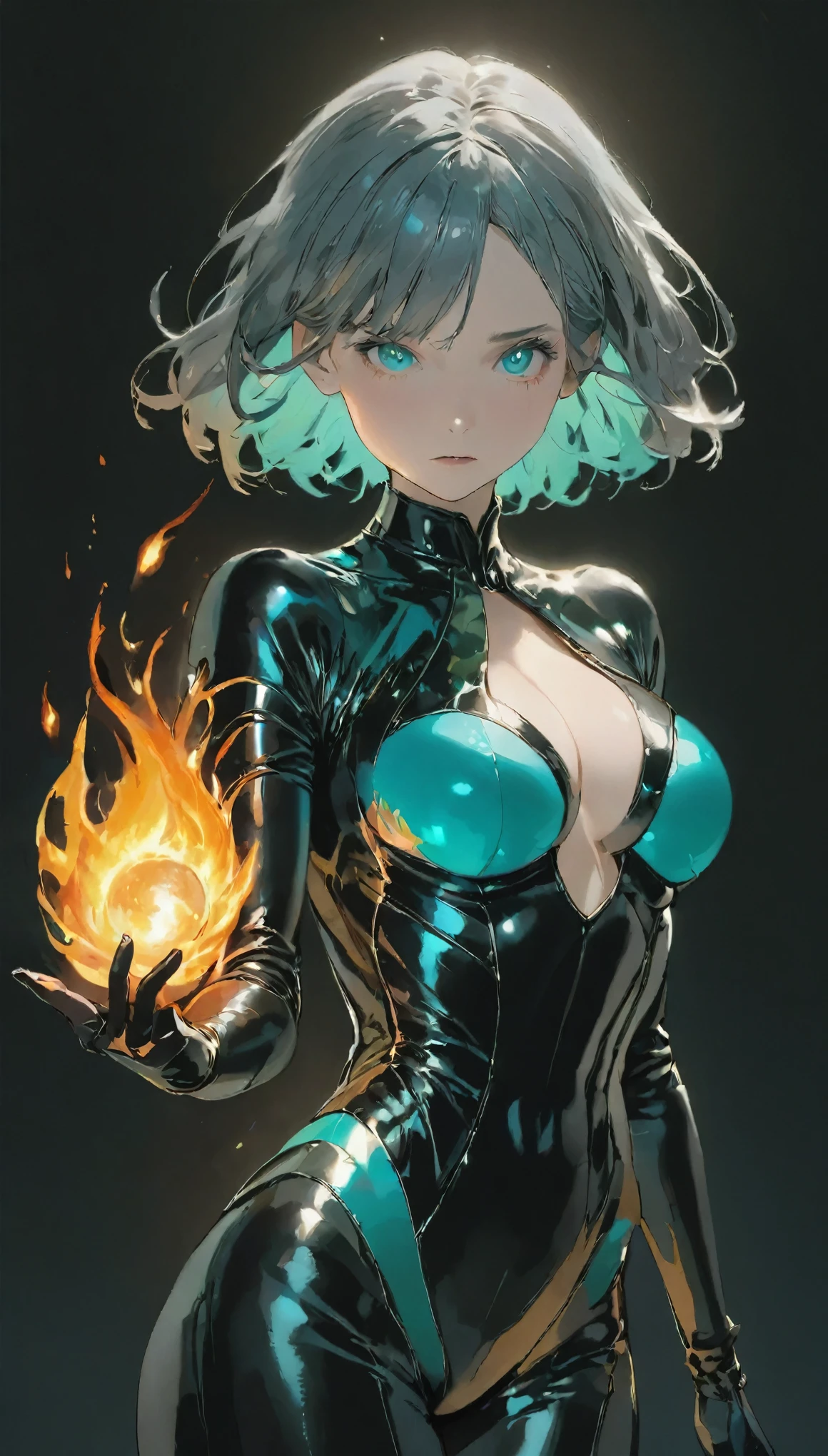 Multicolor, 1 girl, night, dark, Grey Hair,(Detailed drawn eyes), Sharp Eyes, Angry, Looking at the audience, Shiny black latex bodysuit, Black shiny body armor, Upper Body, Large Breasts, Impossibly thin waist , Pale Fire Magic User, A pale ball of flame in the palm of your hand, Limited palette, Black background,Shining turquoise,