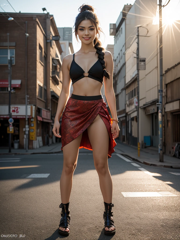 (masterpiece, best quality:1.2), (8k uhd, 16k, 32k, ultra high res), (photorealistic:1.37), (RAW photo), ultimate-realistic, ultimate-realistic details, ultimate-realistic texture, ultimate-intricate details, ultimate-realistic lighting, ultimate-realistic shadow, japanese girl, 24yo, ultimate-cute face, ultimate-RAW skin, ultimate-eyes, ((full-body)), A Photorealistic of a fabulous, funky, , girl badass driver in a candid solo post-apoc portrait for Mad Max: Fury Road film, with a playful, quirky, snarky, smirking expression, wearing elegant ancient haute couture. She looks 18 and 5'2": Japanese-Colombian, with (flat, athletic, well-muscled physique similar to Zendaya). Heavy eyeliner. Tasteful natural makeup. Sleek black hair is Asian-textured, extremely asymmetrical, in a messy tumble-down updo with sidebraids. Wearing daring, fabulous stunning showstopper outfit in bold, bright, high-contrast colors, strong shapes, cut-outs. Wild skirt. Joyful, sarcastic, teasing smiling attitude. Dynamic, pin-up pose. Blank background. Ultra realistic, 8k HD, Hypermaximalist. Golden ratio. dramatic sun lighting, sun flare ((Ultra Long Exposure)), intricate details on face, body, & outfit
