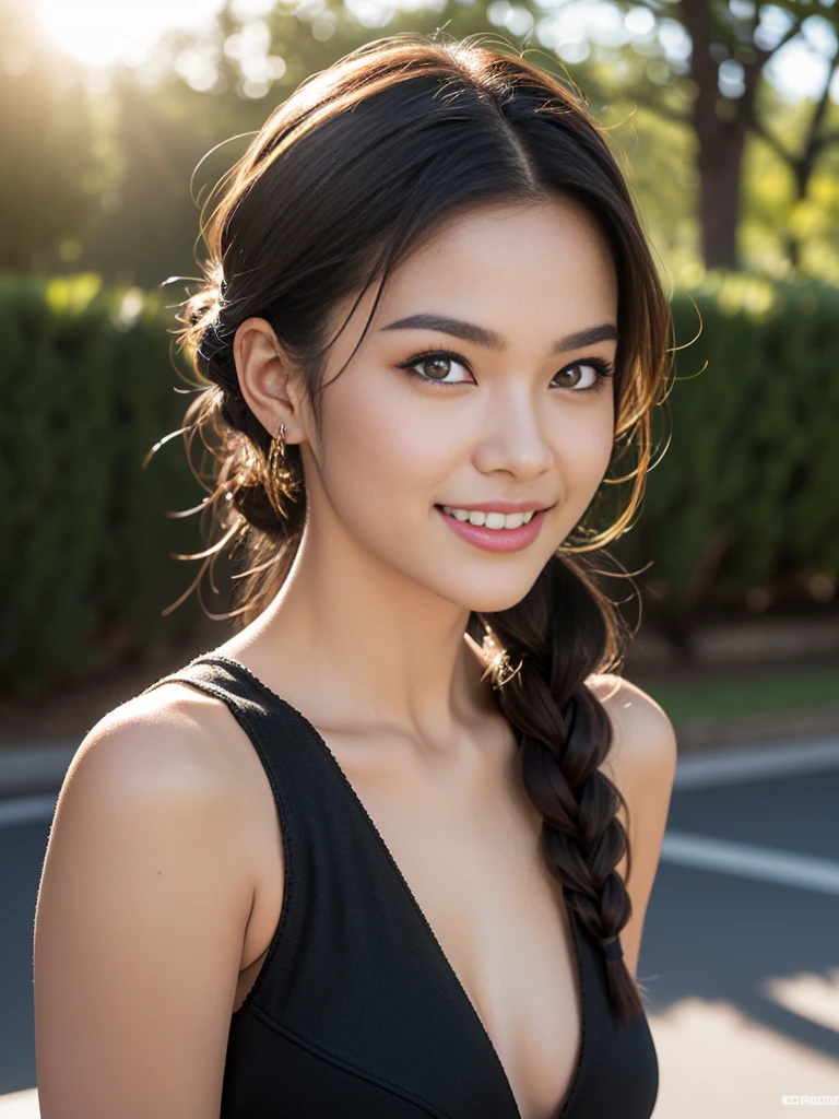 (masterpiece, best quality:1.2), (8k uhd, 16k, 32k, ultra high res), (photorealistic:1.37), (RAW photo), ultimate-realistic, ultimate-realistic details, ultimate-realistic texture, ultimate-intricate details, ultimate-realistic lighting, ultimate-realistic shadow, japanese girl, 24yo, ultimate-cute face, ultimate-RAW skin, ultimate-eyes, ((full-body)), A Photorealistic of a fabulous, funky, , teen girl badass driver in a candid solo post-apoc portrait for Mad Max: Fury Road film, with a playful, quirky, snarky, smirking expression, wearing elegant ancient haute couture. She looks 18 and 5'2": Japanese-Colombian, with (flat, athletic, well-muscled physique similar to Zendaya). Heavy eyeliner. Tasteful natural makeup. Sleek black hair is Asian-textured, extremely asymmetrical, in a messy tumble-down updo with sidebraids. Wearing daring, fabulous stunning showstopper outfit in bold, bright, high-contrast colors, strong shapes, cut-outs. Wild skirt. Joyful, sarcastic, teasing smiling attitude. Dynamic, pin-up pose. Blank background. Ultra realistic, 8k HD, Hypermaximalist. Golden ratio. dramatic sun lighting, sun flare ((Ultra Long Exposure)), intricate details on face, body, & outfit