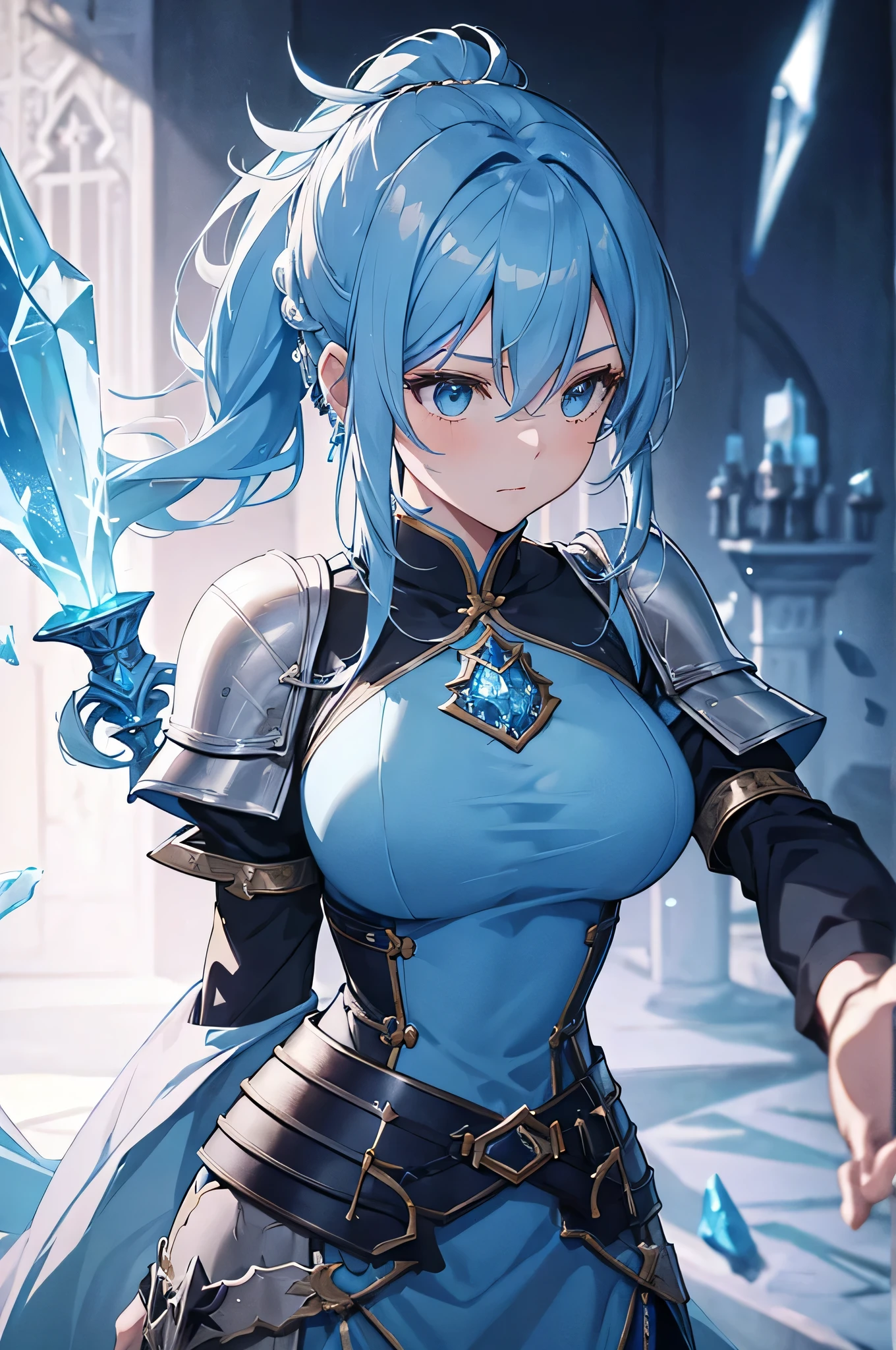 (score_10,score_9, score_8_up, score_7_up), 1girl,solo,scroll,cityscape,standing,medium breasts, blunt bangs, pink fur-trimmed armored dress,armor fusion,shy pose,at medieval castle,castle alley,covered nipples, blue hair,purple eyes,peeking, torn scraf,torn caplet,fisheye,hands on own stomach, stone wall,shaded face,