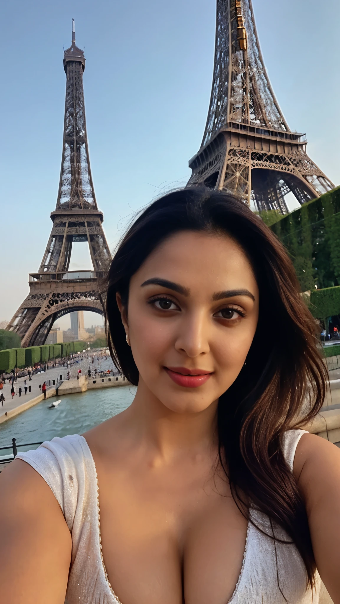 extreme close up photo of kiara, swooping breasts, deep cleavage, selfie with Eiffel tower, look at camera, nipples, 4K, HD