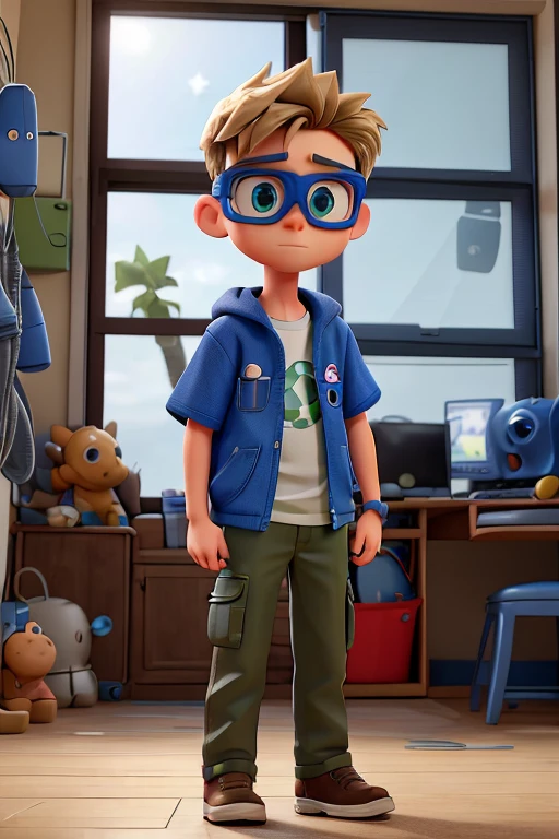 Lucas is a 13-year-old boy with a passion for technology and innovation. He has spiky blond hair and bright blue eyes behind goggles.. He wears a blue t-shirt with a cartoon robot on it., olive green cargo pants with multiple pockets, e botas robustas. Ele carrega uma mochila repleta de engrenagens, wires and electronic devices, and his expression is one of concentration as he plans his next inventions.