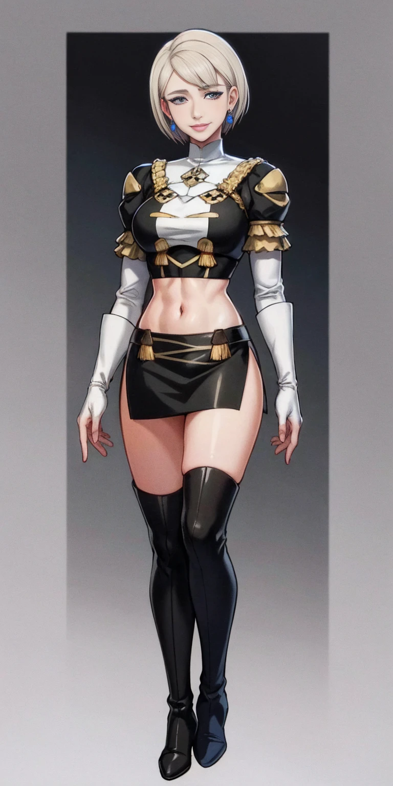 (((1 girl))) short hair, earings ,glossy lips ,team rocket uniform, red letter R, white skirt, white crop top, black thigh-high boots, black elbow gloves, evil smile, looking at viewer, cowboy shot, arms crossed, full body photo Mercedes von Martritz (Fire Emblem: Three Houses)