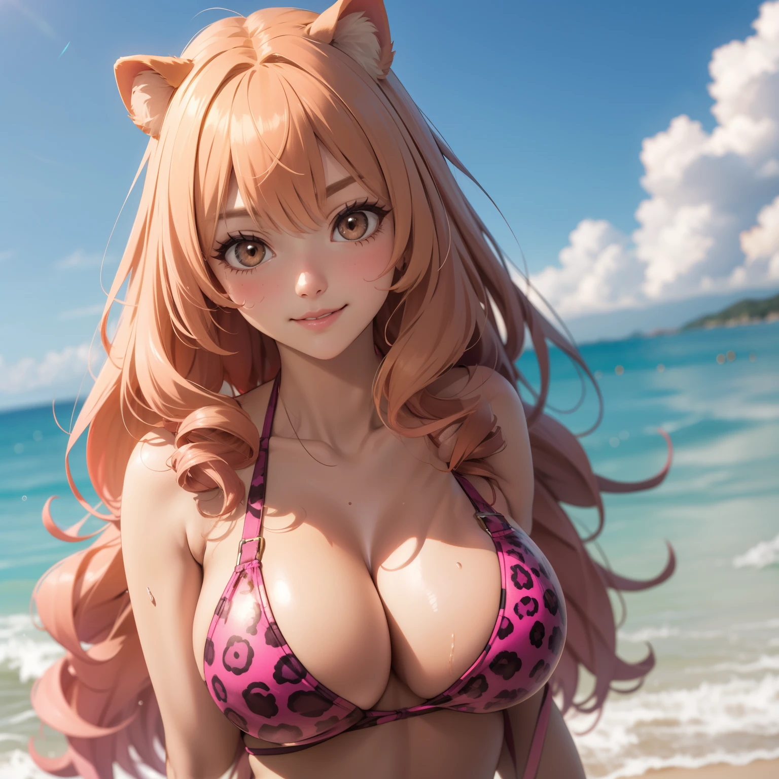 Raphtalia woman 35 years old orange blonde hair , orejas de oso, ojos amarillos., sonrisa seductoras, piel oscura, big breasts pink bikini jaguar design, breasts in front of the camera in close-up. de pie cuerpo completo. manos en las caderas. fondo un balneario lujoso, manos perfectas. cuerpo mojado,