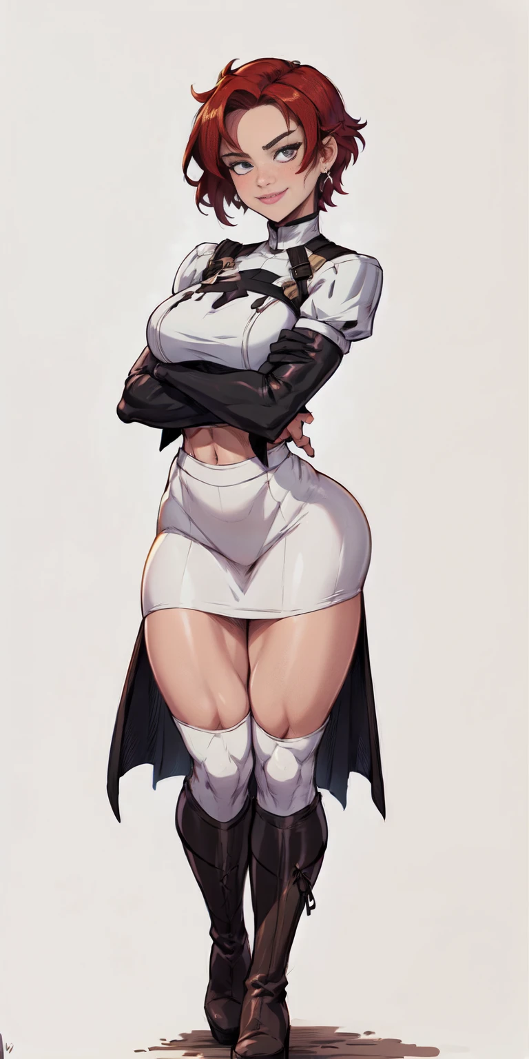 (((1 girl))) short hair, earings ,glossy lips ,team rocket uniform, red letter R, white skirt, white crop top, black thigh-high boots, black elbow gloves, evil smile, looking at viewer, cowboy shot, arms crossed, full body photo Mercedes von Martritz (Fire Emblem: Three Houses)