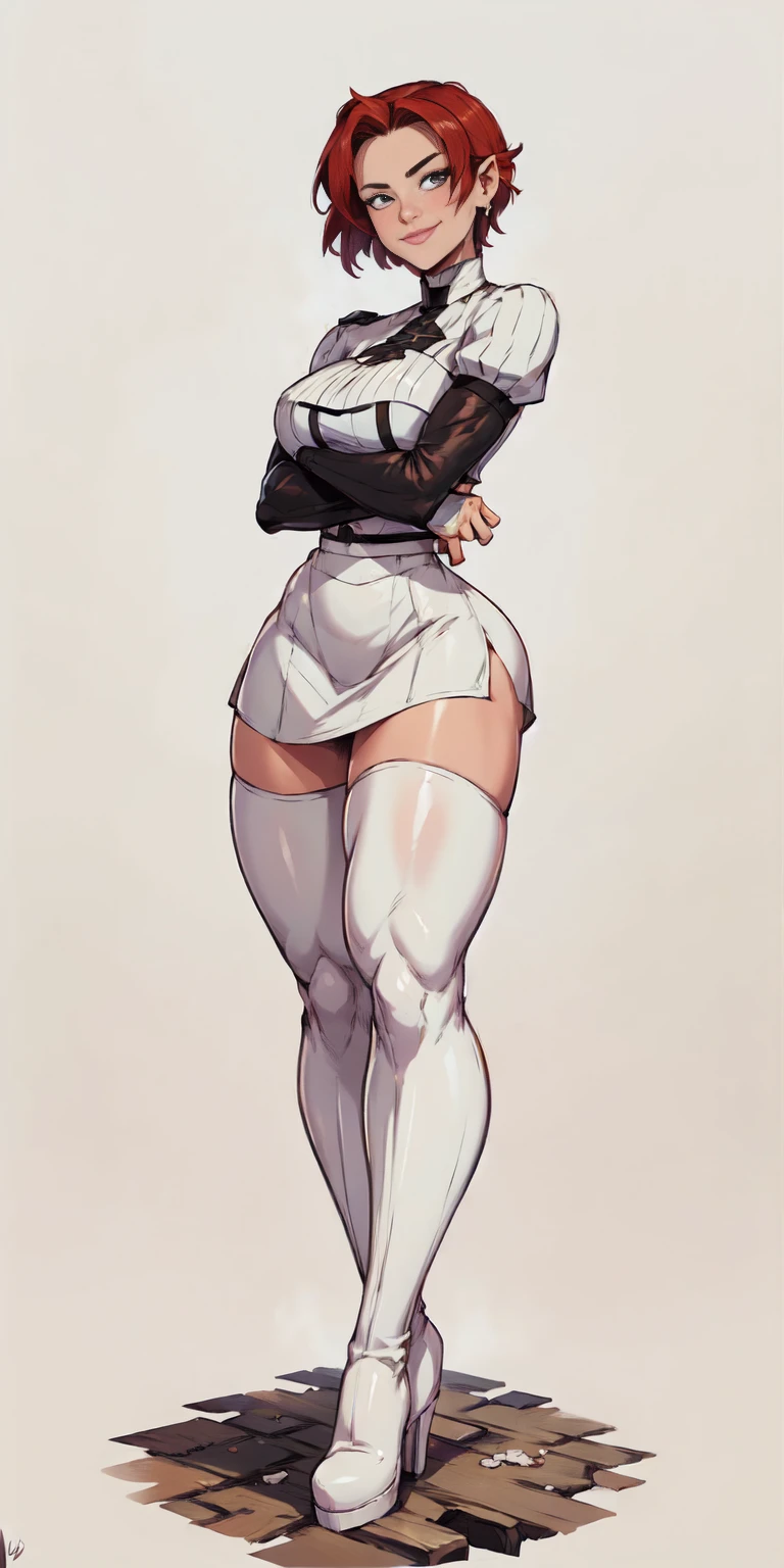 (((1 girl))) short hair, earings ,glossy lips ,team rocket uniform, red letter R, white skirt, white crop top, black thigh-high boots, black elbow gloves, evil smile, looking at viewer, cowboy shot, arms crossed, full body photo Mercedes von Martritz (Fire Emblem: Three Houses)