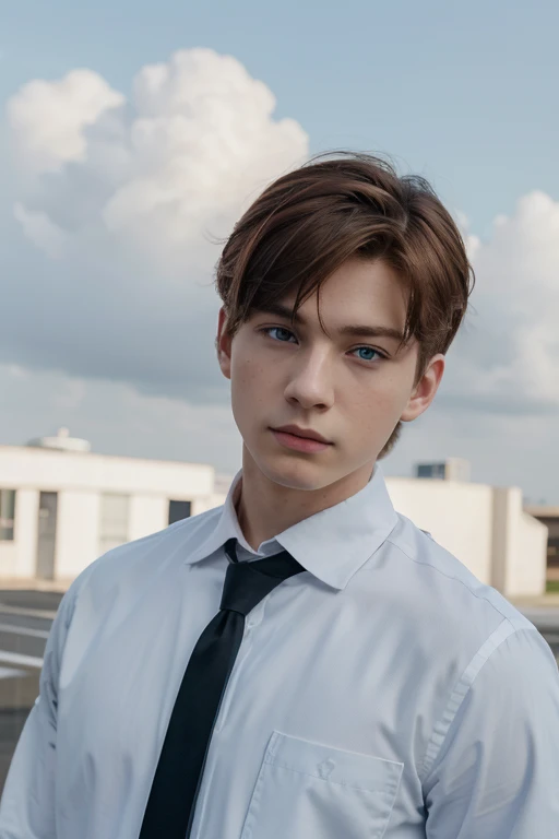 1boy, straight neat hairstyle, reddish tint hair color, sky blue eyes color, pale white skintone, gray gakuran uniform
with black band collar, more closer distance of his face, HD, high quality, best quality, 4K resolution, Masterpiece