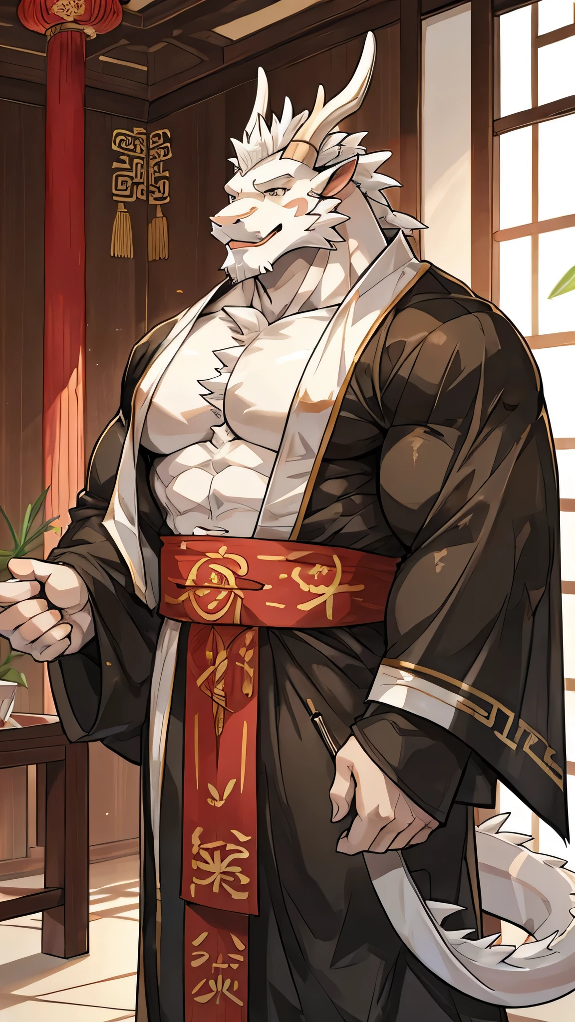 (white eastern dragon),furry,white mustache,big pecs,hearty males,muscular,black imperial robe,adult,traditional_chinese_room