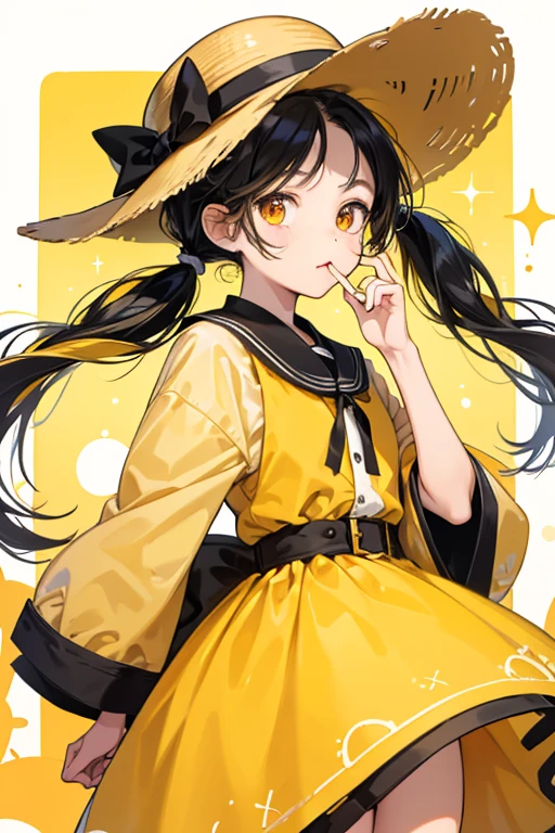 Jidoutchi has a small round head and round, yellow feet. She has light creamy skin, orange cheeks, dark oval-shaped eyes, and a mouth like a straight line. She has black hair in pigtails with yellow hair ties. She wears a round yellow hat. SPARKLE; GLITTER