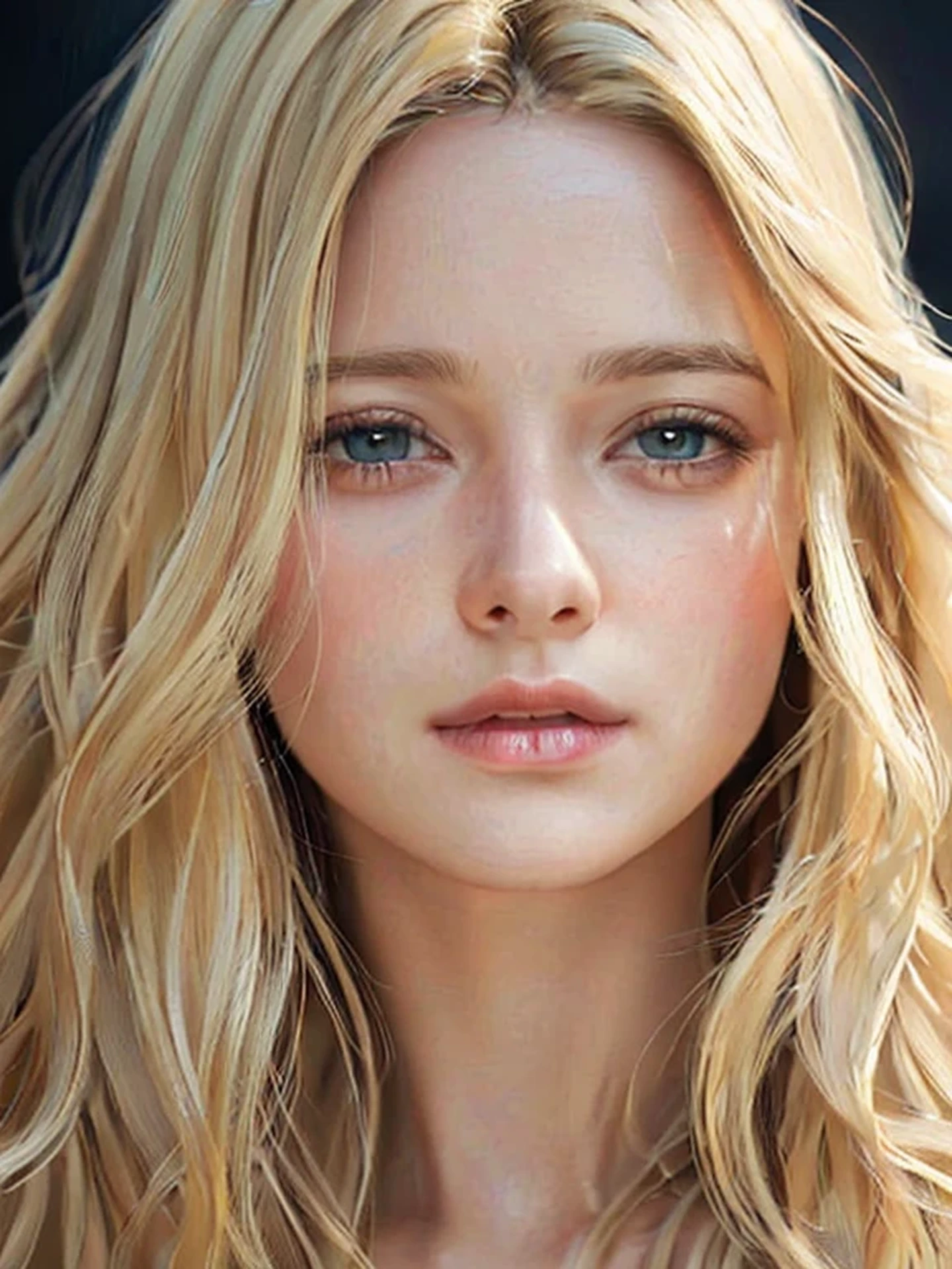Close-up head, To the camera, Realistic digital painting of a woman portrait, Shy, open mouth to say something, sad, (Wavy medium Hair:1.1), (Soft silky Blonde Hair:1.3), (Highly detailed skin:1.2), Mystical style, Global Illumination,