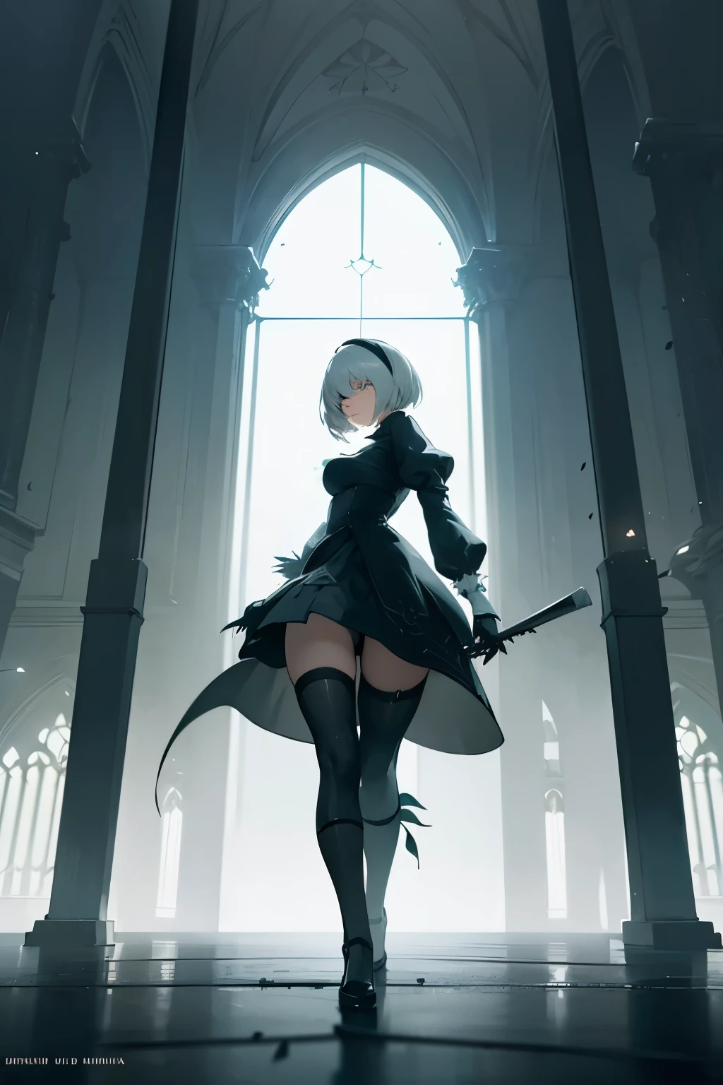 YorHa 2B, emotional cinematic scene from Nier:Automata, curvy stylized body