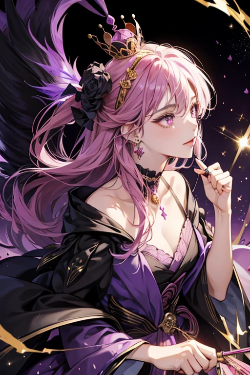 Jigoku Queen wears a lavender and dark pink dress decorated with black and white trim. She also wears a dark pink masquerade mask and a gold and purple crown decorated with black wings and a skull. She often carries around a whip which she can imbue with magic. SPARKLE; GLITTER
