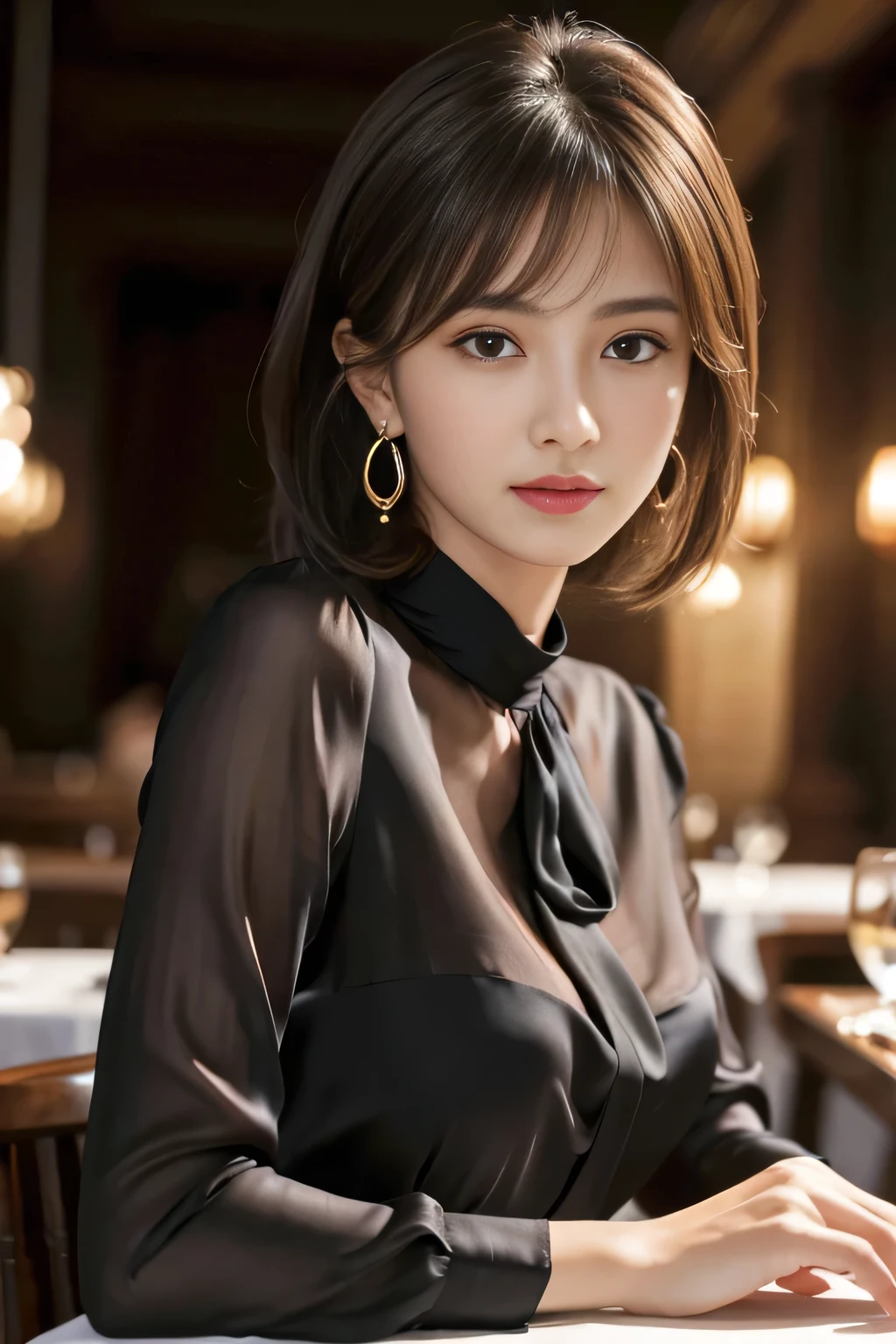 masterpiece, highest quality, Realistic, Very detailed, Finer details, High resolution, 8k wallpaper, One beautiful woman, Wear an elegant silk blouse, In a great restaurant, At night, Light brown shaggy haircut, Perfect dynamic composition, Beautiful and beautiful eyes、Big earrings
