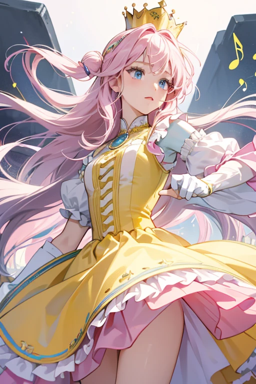 Joou Sama has light pink skin, round blue eyes, and long flowing white hair with a pink musical note on one side and a green musical note on the other side. She has two white musical notes on each side of her head. She wears a gown with a white collar and sleeves, a yellow torso with white trim, and a yellow and pink skirt with large white musical notes on it and smaller blue, green, and pink musical notes along the bottom. She also wears dark grey elbow-length gloves, a yellow crown with a yellow and pink headpiece, with long yellow fabric coming out of the top. SPARKLE; GLITTER