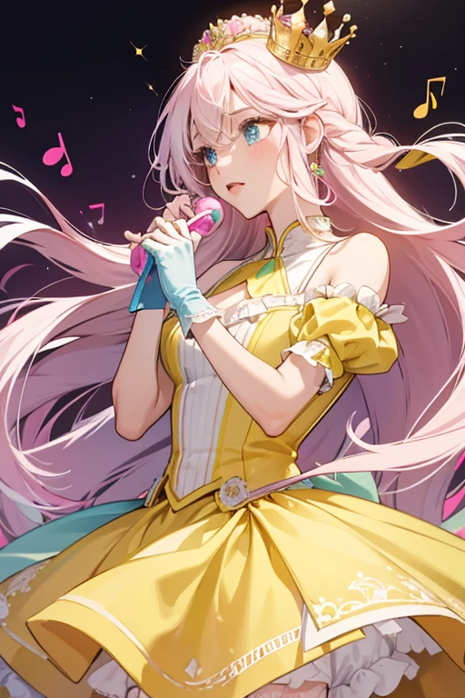 Joou Sama has light pink skin, round blue eyes, and long flowing white hair with a pink musical note on one side and a green musical note on the other side. She has two white musical notes on each side of her head. She wears a gown with a white collar and sleeves, a yellow torso with white trim, and a yellow and pink skirt with large white musical notes on it and smaller blue, green, and pink musical notes along the bottom. She also wears dark grey elbow-length gloves, a yellow crown with a yellow and pink headpiece, with long yellow fabric coming out of the top. SPARKLE; GLITTER