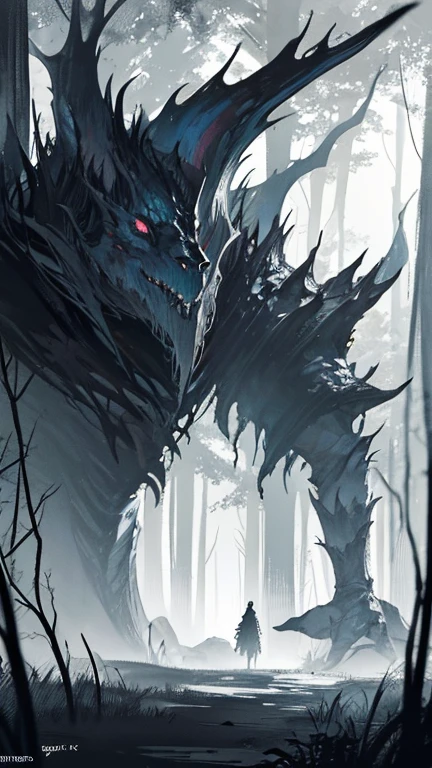 photo of a creature, monster, magic-fantasy-forest, digital art, Dark forest, view from below, mist, daytime but sun blocked by mist, with a detailed and lively feel. The style should resemble a quick sketch or line draft, similar to detailed monochrome sketches