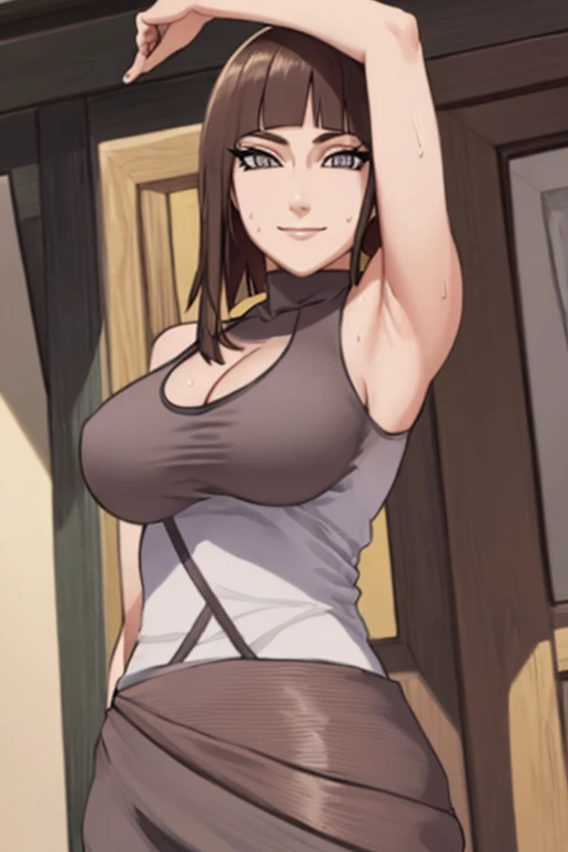 Perfect, masterpiece, (best quality, highres:1.2), 1girl, beautiful detailed eyes, beautiful detailed lips, extremely detailed eyes and face, long eyelashes, medium:oil painting, vivid colors, HDR, studio lighting, ultra-fine painting, sharp focus, physically-based rendering, extreme detail description, portraits, ((organized fingers)), curvy body, large breasts, perfect shape, facing viewer, sweaty, gorgeous, ((arms up)), sleeveless turtleneck, straddling, smile,