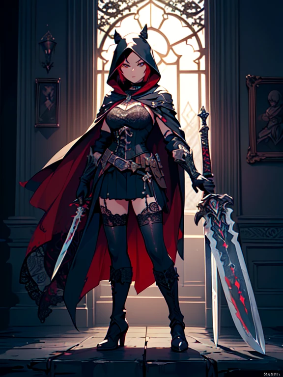 Design a layout showcase Gaming character, (1girl). Red+Black clothes, gothic and elegant, ((showcase weapon:1.4)), enchanted dagger, (masterpiece:1.2), (best quality), 4k, ultra-detailed, (Step by step design, layout art:1.5), (mystical lighting, dramatic lighting), assassin, ((hooded cape)), (((lace gloves:1.3))), corset, leather boots, (((full_body_shot:1.4)))