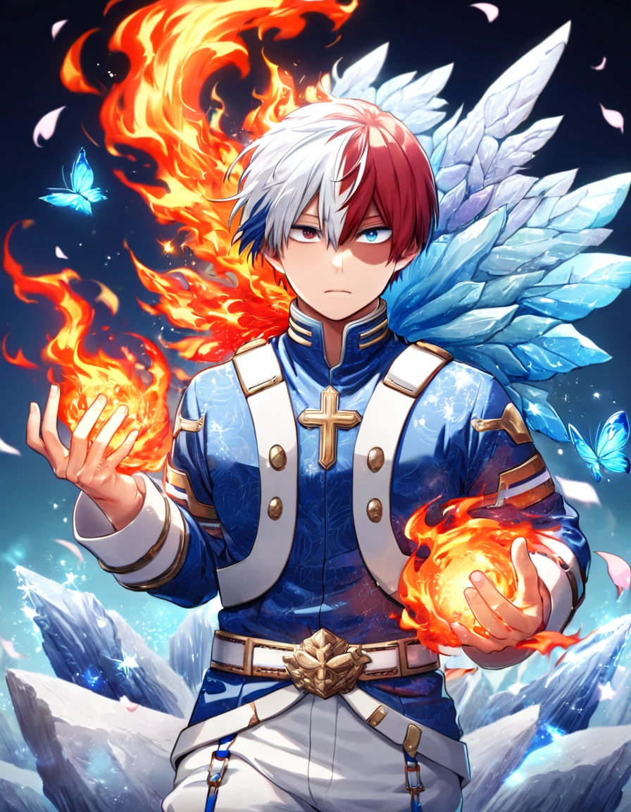Ultra detailed, HDR, Highres, absurdres, master piece, Todoroki Shouto, bicolored hair, white right hair, red left hair, expressive blue eyes, heterochromia, Boku No Hero Academia, glittering blue butterflies, petals, fantasy, blue flowers, sexy man, solo, handsome, glittering, toned chest, Prince blue hero clothes, blue background, cross, magical, fire, ice, very detailed eyes and face, blue pants,