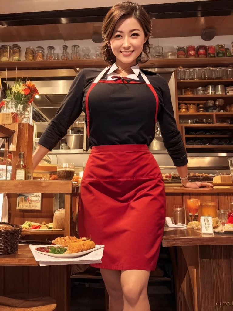 One girl,Huge breasts,alone,Anna Miller ,waitress,Name tag,High Waist Skirt,Red suspender skirt,apron, From below,smile, Mouth closed,restaurant,highest quality