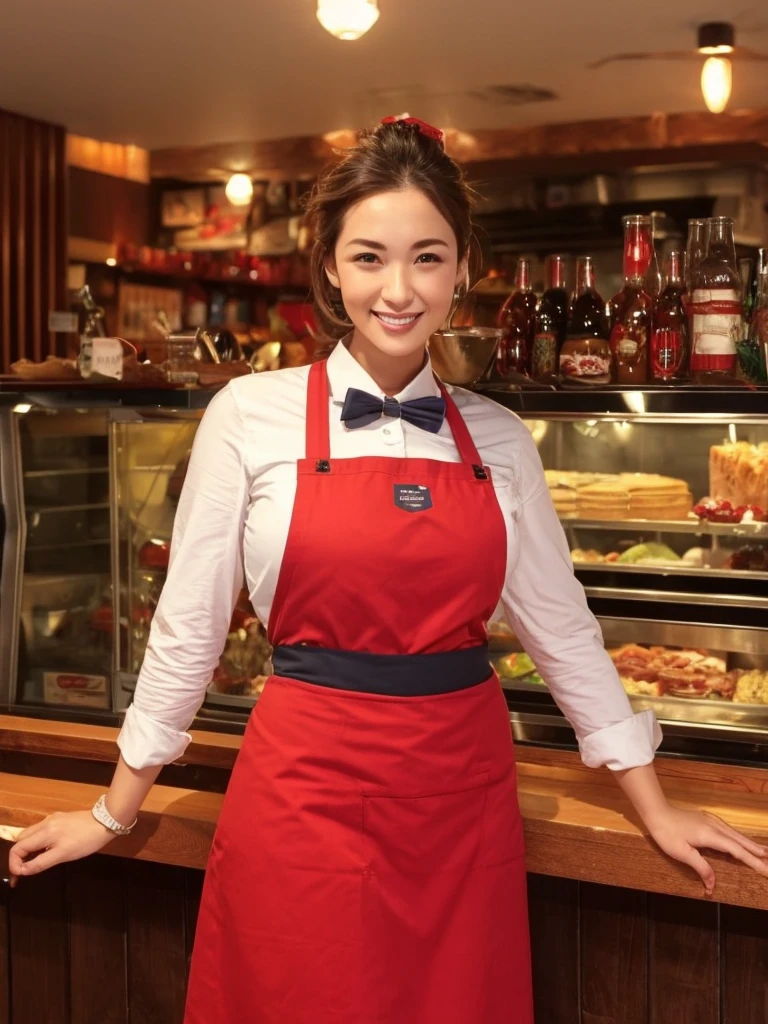 One girl,Huge breasts,alone,Anna Miller ,waitress,Name tag,High Waist Skirt,Red suspender skirt,apron, From below,smile, Mouth closed,restaurant,highest quality