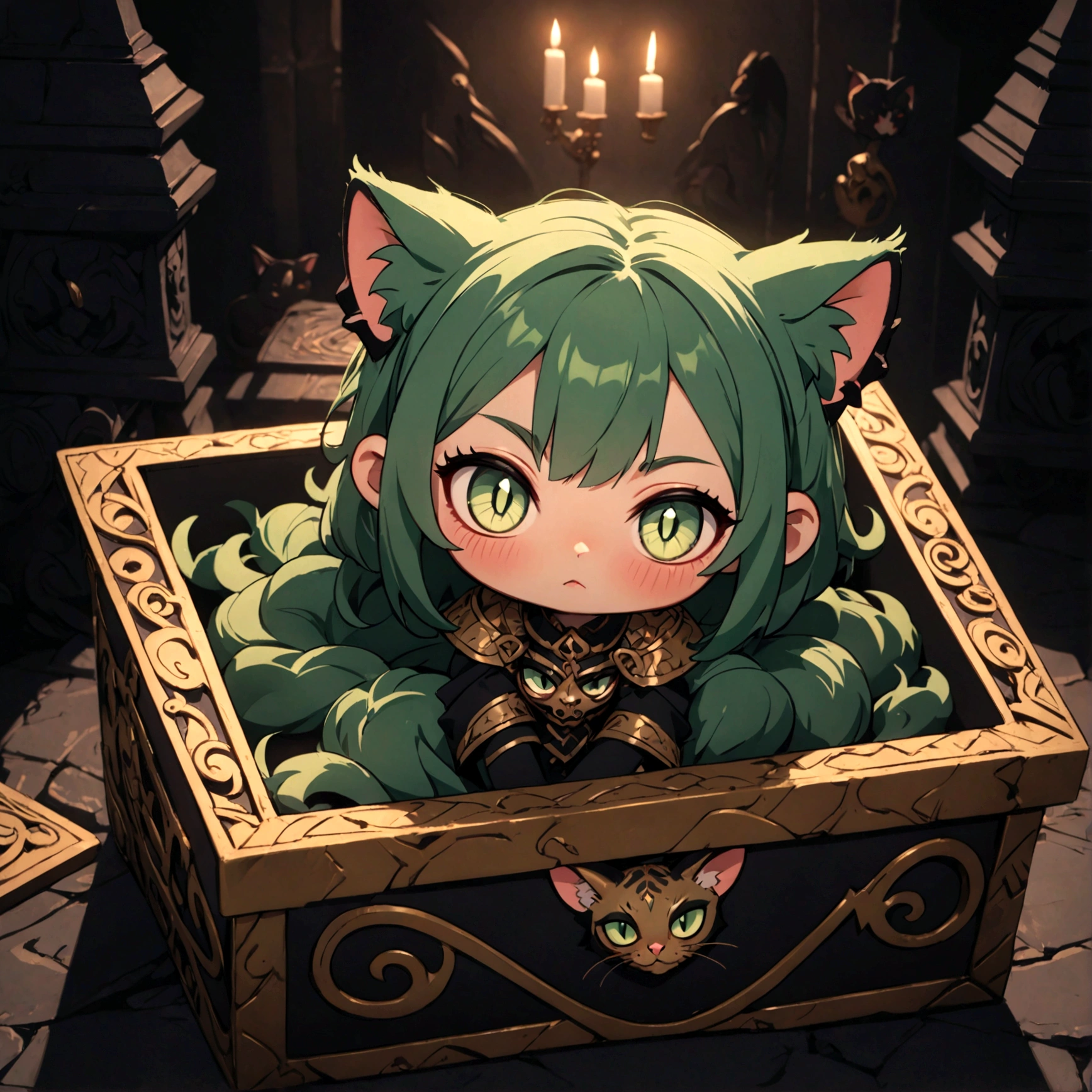a cute sleepy cat girl with green hair, demonic aesthetics, sitting in a demonic looking box, extremely detailed face and eyes, detailed intricate hair, intricate demonic design, dark fantasy, dramatic lighting, moody colors, cinematic composition, photorealistic, 8k, high quality, masterpiece