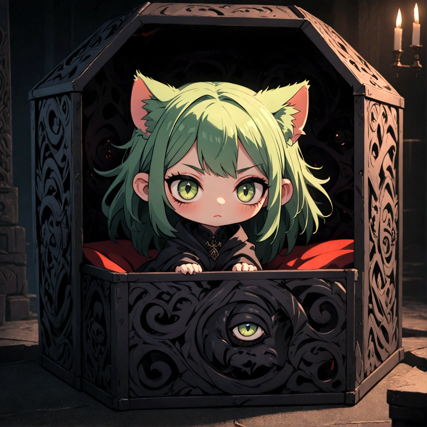 a cute sleepy cat girl with green hair, demonic aesthetics, sitting in a demonic looking box, extremely detailed face and eyes, detailed intricate hair, intricate demonic design, dark fantasy, dramatic lighting, moody colors, cinematic composition, photorealistic, 8k, high quality, masterpiece