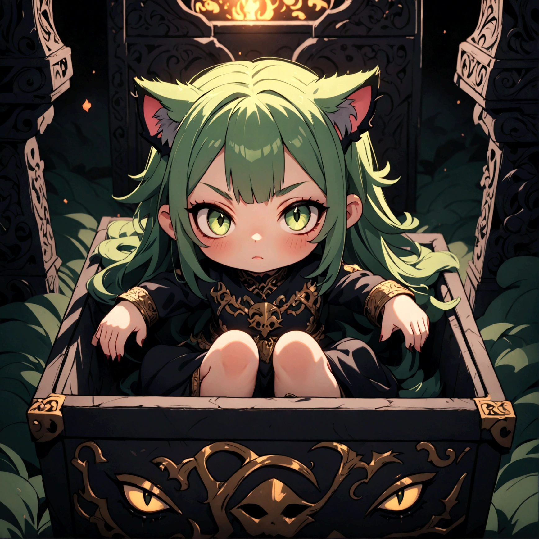 a cute sleepy cat girl with green hair, demonic aesthetics, sitting in a demonic looking box, extremely detailed face and eyes, detailed intricate hair, intricate demonic design, dark fantasy, dramatic lighting, moody colors, cinematic composition, photorealistic, 8k, high quality, masterpiece
