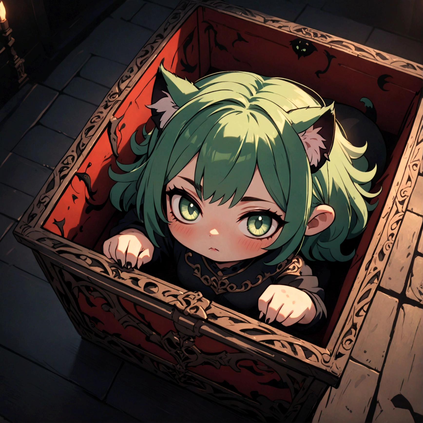 a cute sleepy cat girl with green hair, demonic aesthetics, sitting in a demonic looking box, extremely detailed face and eyes, detailed intricate hair, intricate demonic design, dark fantasy, dramatic lighting, moody colors, cinematic composition, photorealistic, 8k, high quality, masterpiece