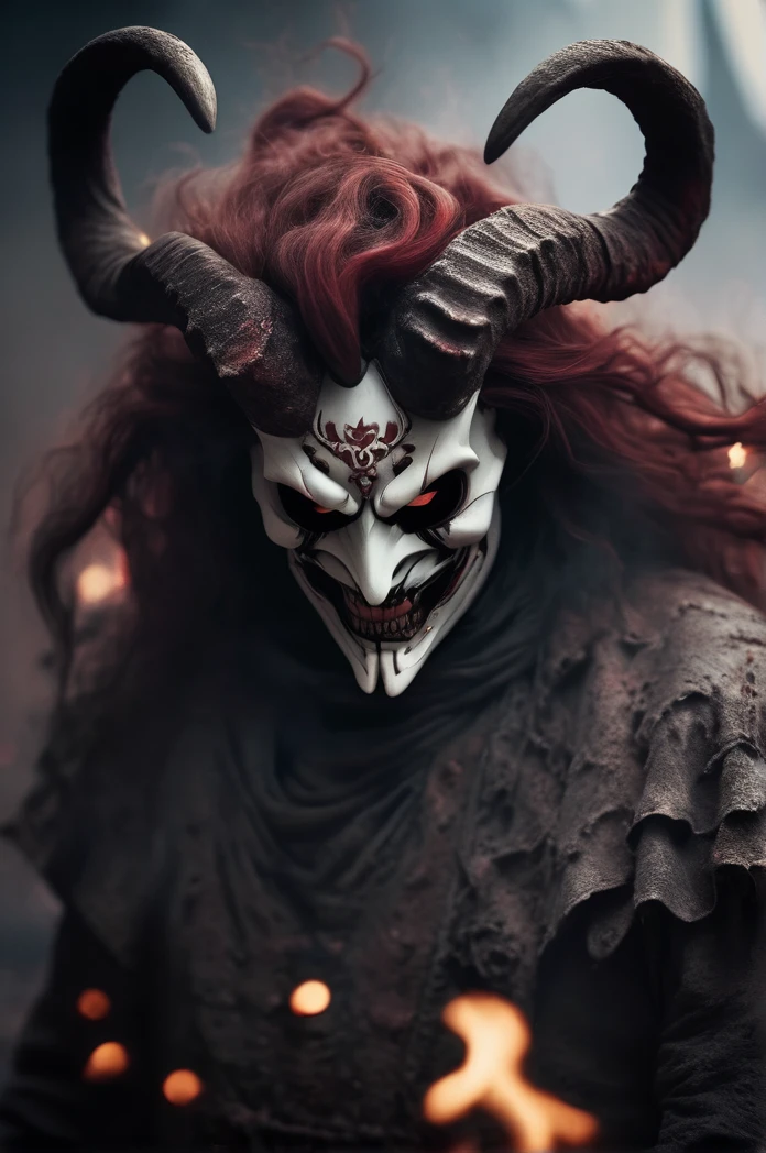 Horror-themed cinematic film still,a horrifying red-skinned male demon king, (((wearing a scary white mask))),(full body portrait:1.3), (detailed scaly skin texture:1.2), (((ram curved horns))), (in hell, swirling tormented souls, billowing smoke:1.5), long wavy red hair, (((slavic black full clothes))), medieval scarf, monster claws,, shallow depth of field, vignette, highly detailed, high budget, bokeh, cinemascope, moody, epic, gorgeous, film grain, grainy . Eerie, unsettling, dark, spooky, suspenseful, grim, highly detailed