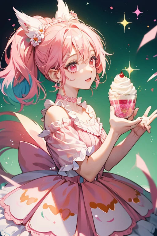 Jukureputchi has a pink body with pink eyes. Her hair is made out of dollops of whipped cream and she wears cherry earrings along with a green and whitr stripped dress. There are colorful sprinkles surrounding her on both sides. SPARKLE; GLITTER