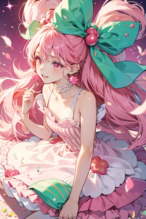 Jukureputchi has a pink body with pink eyes. Her hair is made out of dollops of whipped cream and she wears cherry earrings along with a green and whitr stripped dress. There are colorful sprinkles surrounding her on both sides. SPARKLE; GLITTER