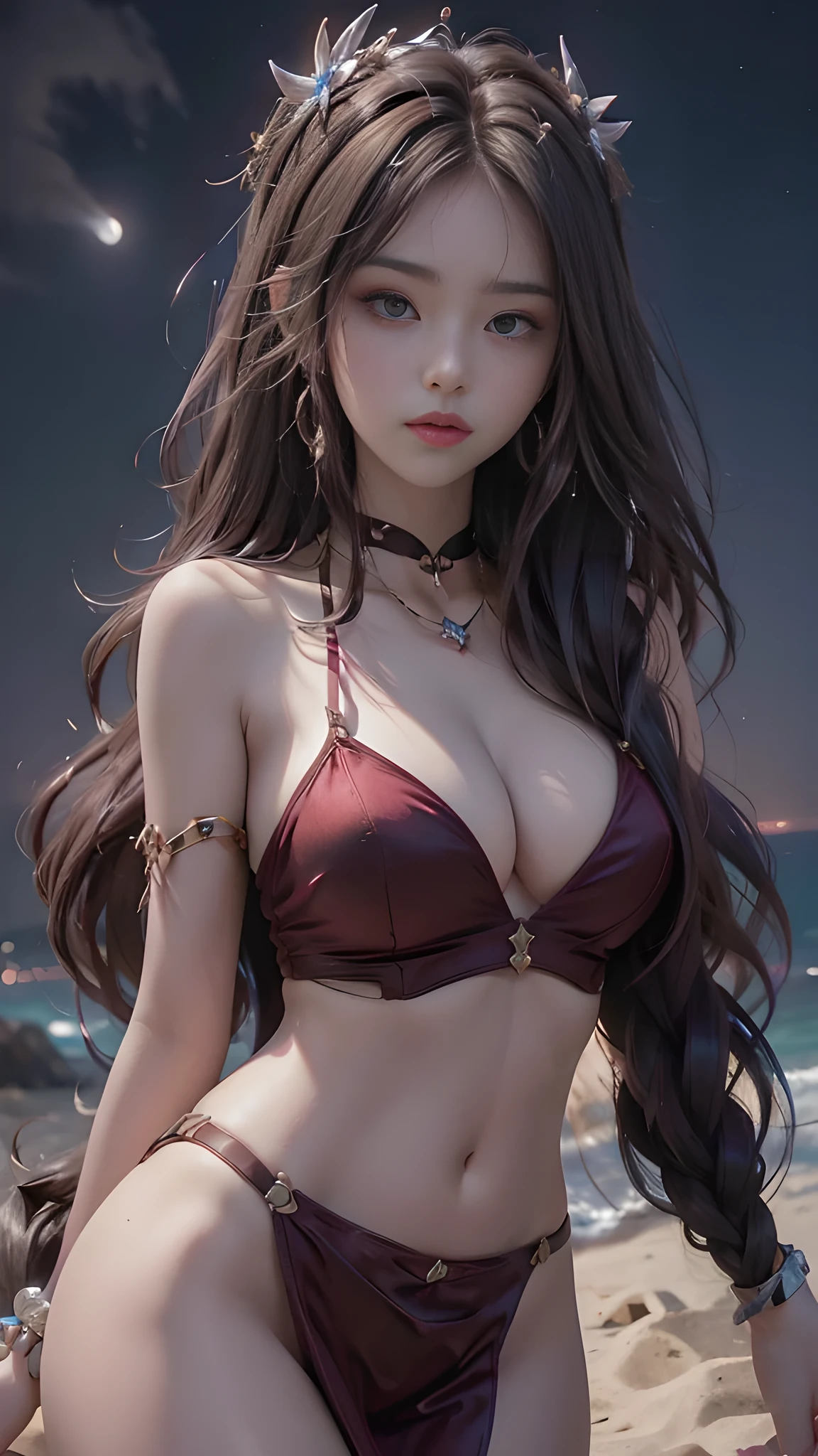 full hd 8k, Girl standing in front of a dark night scene, full moonlight reflecting on her beautiful face. Her long, silky hair was gently blown by the night wind, creating a gentle and romantic feeling. She is walking on a large beach. She looked up at the starry sky, as if searching for something, her eyes showing a pensive and lonely look. The full moon shines in the night sky creating a beautiful scene. The girl has long, silky hair, creating a luxurious and noble beauty. The moonlight shines on the girl's delicate face, highlighting her large, round light brown eyes, creating a natural, gentle beauty. She wore a little sexly red dress to create a sexy beauty. Her plumble breasts were exposed, revealing her plumble and extremely sexy breasts. These images capture detailed panoramic portraits and views of the sky and sea. All create a beautiful, wonderful picture that makes people unable to take their eyes off the scene. All of these details are depicted clearly and sharply, creating sexyly poses,