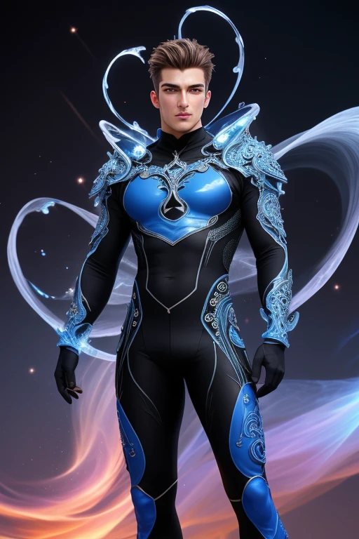 Half body photorealistic ultra realism high definition aesthetic stabilized diffusion picture of handsome hunky fractal clean shaven Zayne as celestial Islaw, wearing blue twirl and swirls filigree sparkling biomorphic transparent overall tight fit spandex and gloves. standing in with hand on the hips. tornado as the background
