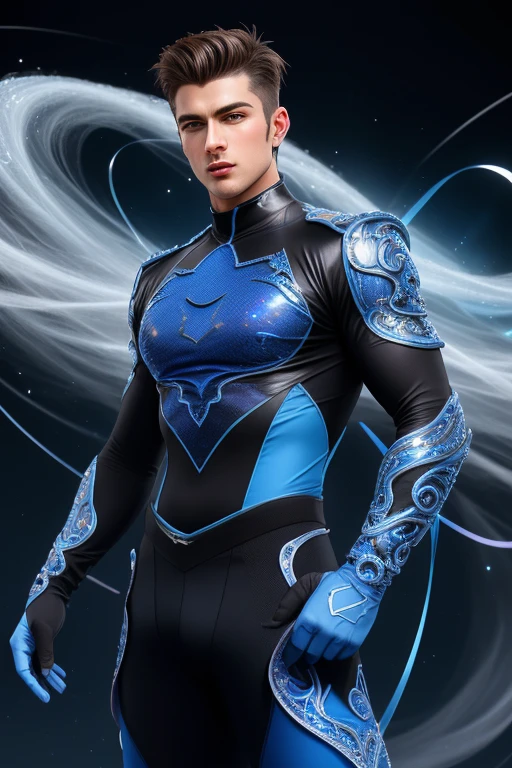 Half body photorealistic ultra realism high definition aesthetic stabilized diffusion picture of handsome hunky fractal clean shaven  Zayne as celestial Islaw, wearing blue twirl and swirls filigree sparkling biomorphic transparent overall tight fit spandex and gloves. standing in with hand on the hips. tornado as the background