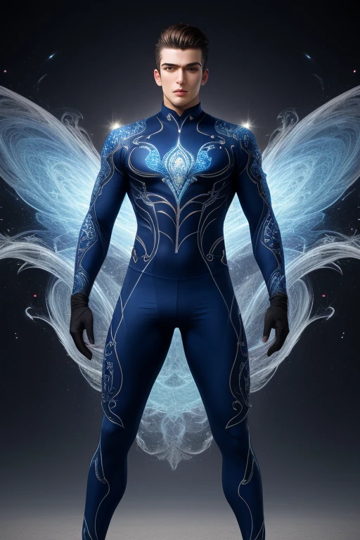 Half body photorealistic ultra realism high definition aesthetic stabilized diffusion picture of handsome hunky fractal clean shaven Zayne as celestial Islaw, wearing blue twirl and swirls filigree sparkling biomorphic transparent overall tight fit spandex and gloves. standing in with hand on the hips. tornado as the background